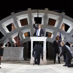 Gregg Henry (center) and the company in The Public Theater’s Free Shakespeare in the Park production of Julius Caesar<br>